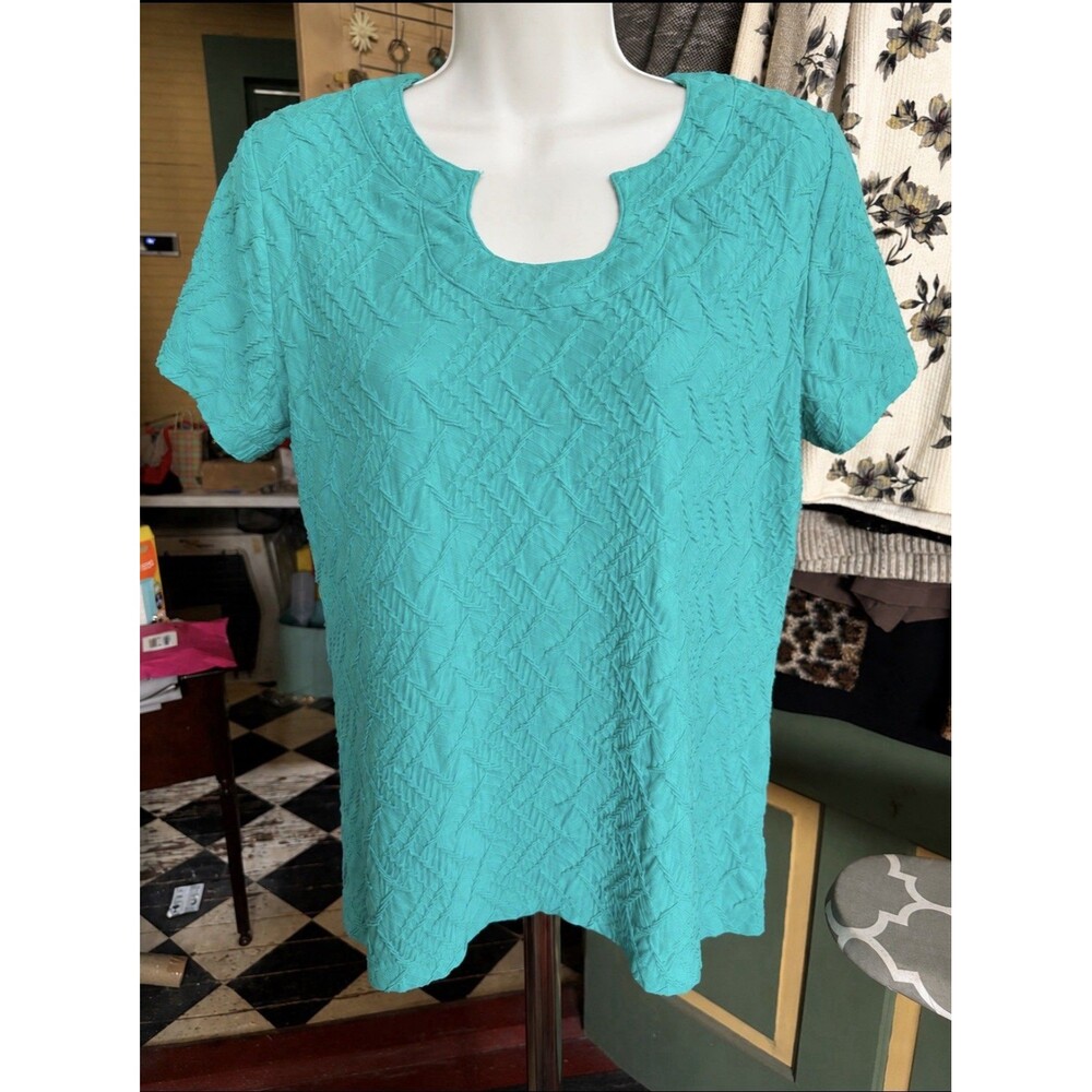 Kim Rogers Petite PM Women’s Teal Textured Stretch Top 38” Bust 24” Length